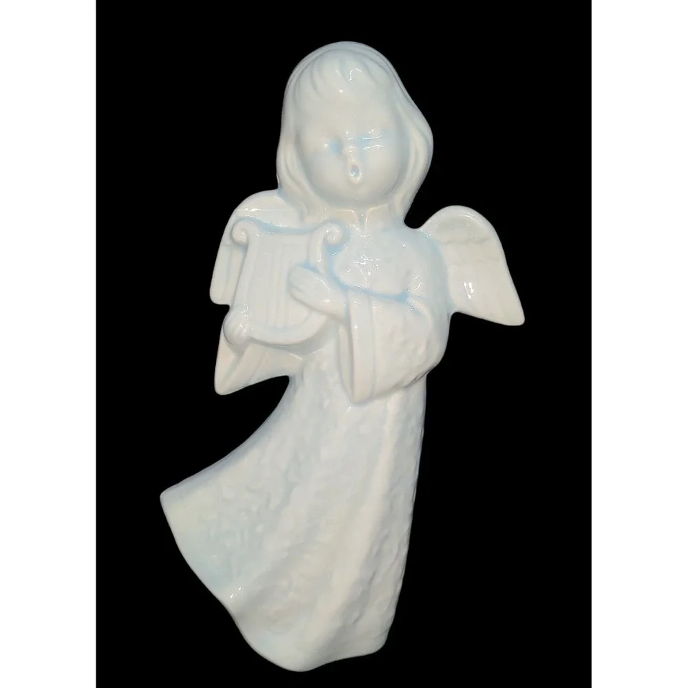 Vintage 8-in Ceramic Angel Girl Playing Harp Mid-century figurine‎ Light Blue